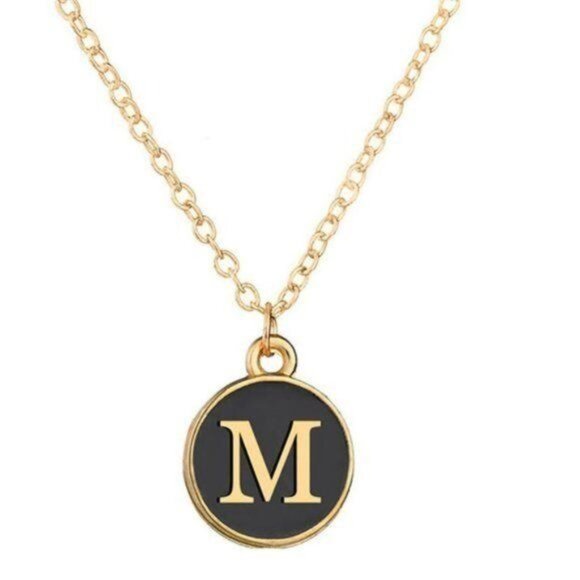 Pendant Necklace Alphabet M Gold & Black Initial Coin Pendant Necklace - Picture 7 of 8